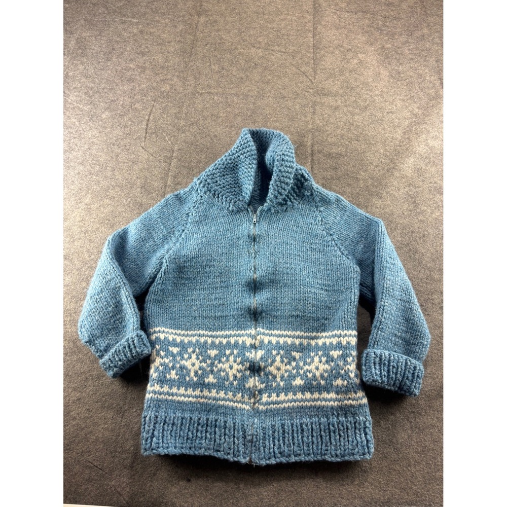 VTG Hand Knit Kids M Wool Fair Isle Cardigan Sweater Blue Snowflake Shawl Collar